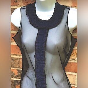 Free People Sheer Mesh Shirt With Blue , Purple,Black Ruffle Collar & Down Front